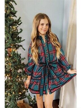 NWT Girls Plaid Button-Front Dress with Tie Waist - Red & Green Size 10